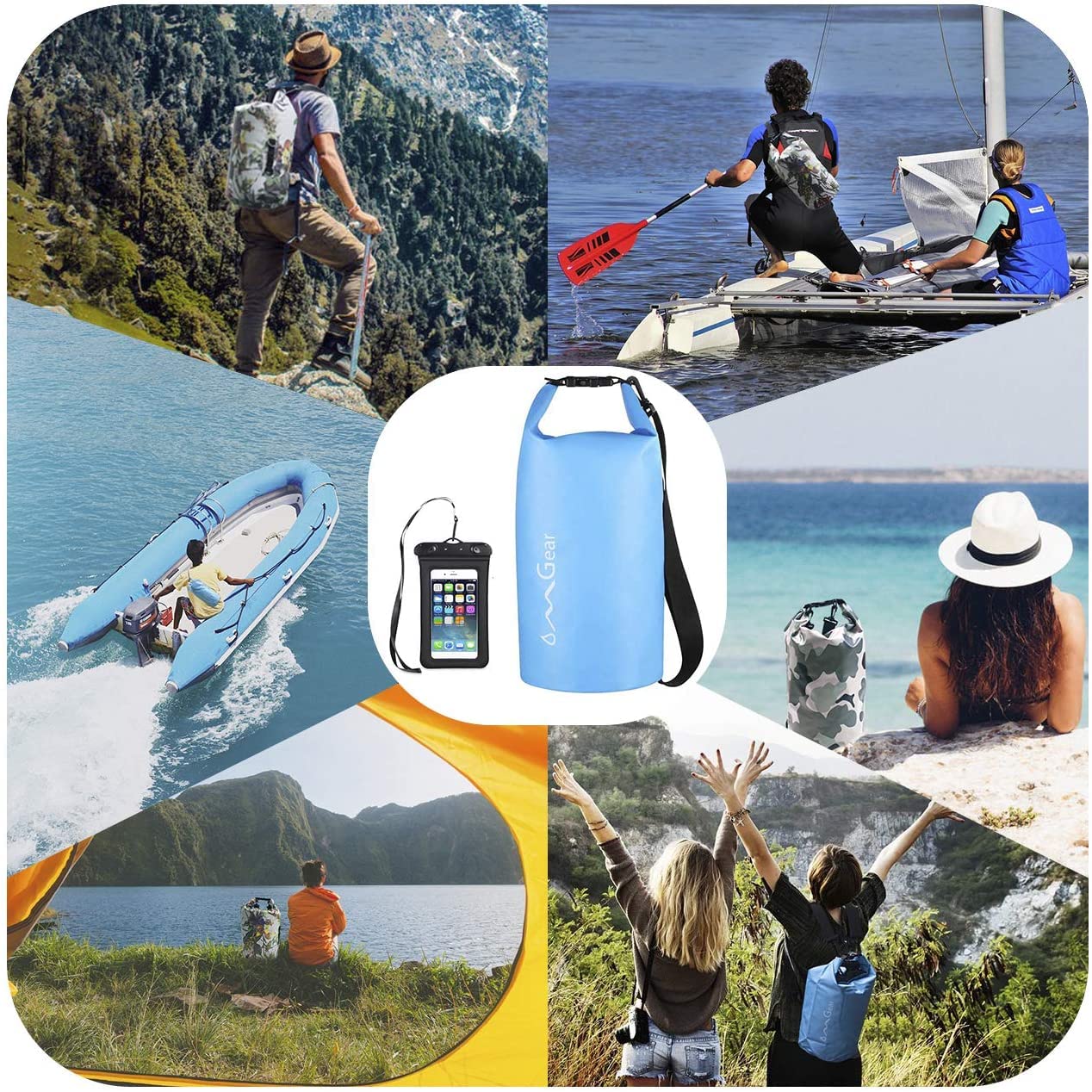 OMGear 40L bag next to water bottle showing capacity and scale for packing