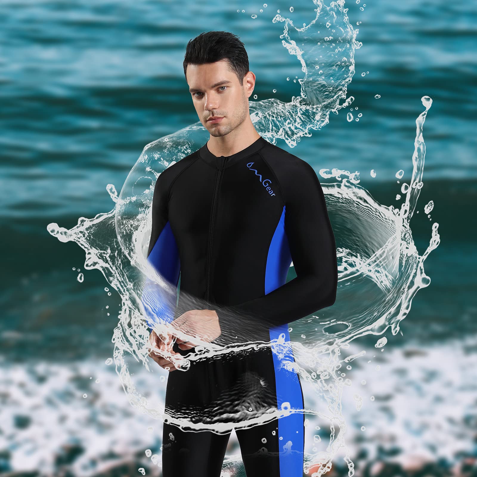 OMGear folded suit next to measuring tape showing sizing and travel-friendly compactness