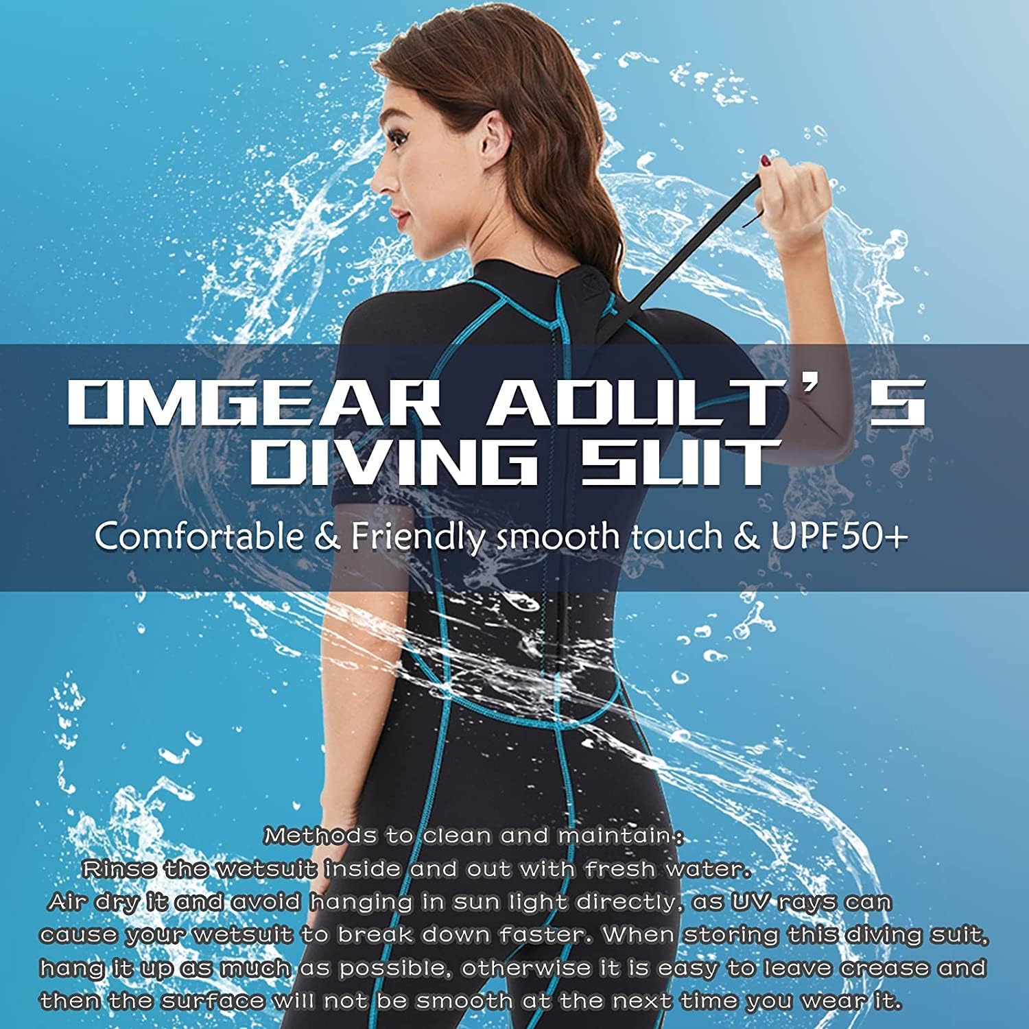 OMGear wetsuit laid flat beside measuring tape showing sizing guidance