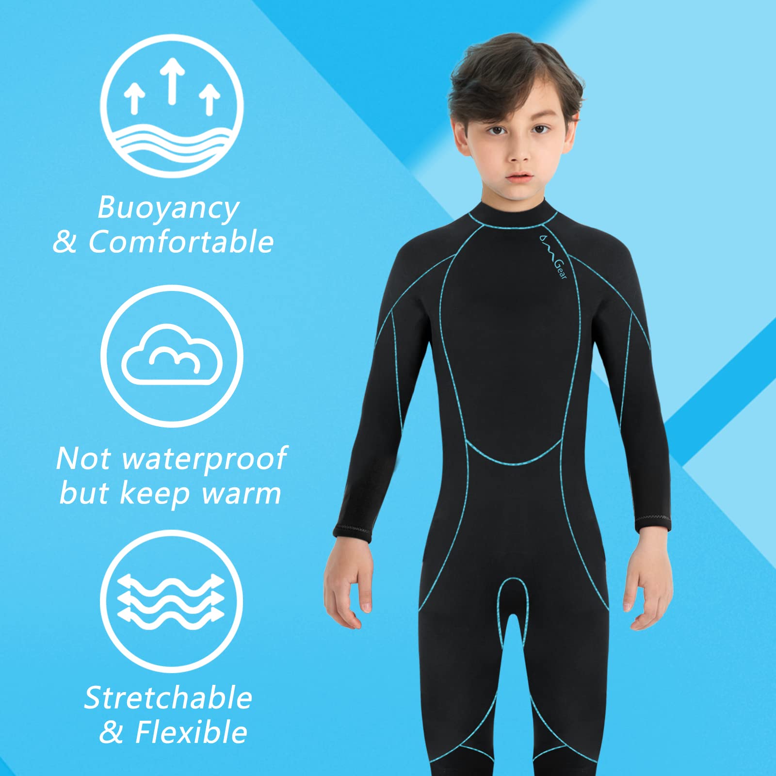 OMGear wetsuit next to tape measure showing available sizing and fit guidance