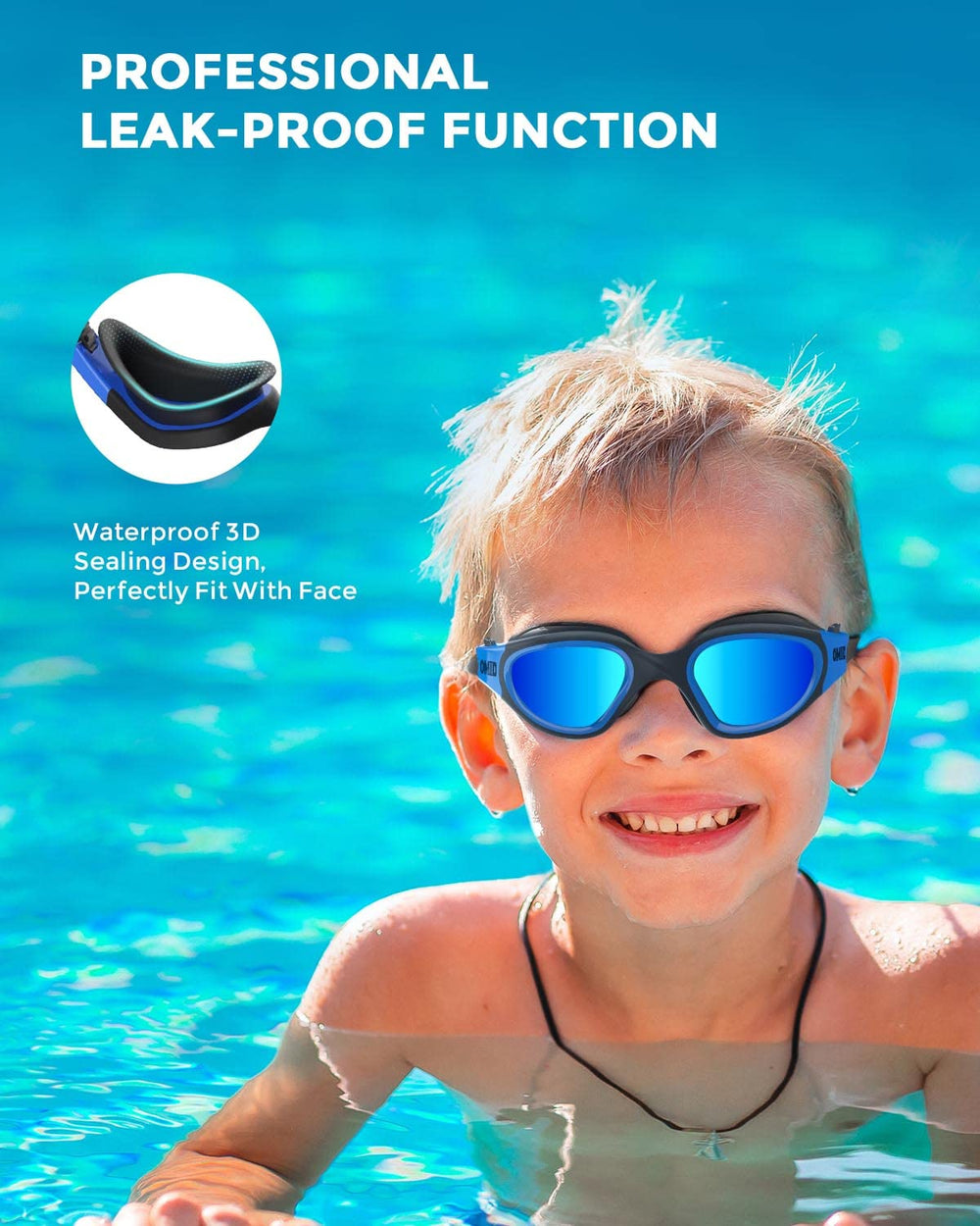 OMID child wearing goggles poolside showing comfort and UV protection