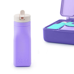Omie purple silicone bottle front view showing compact design and child-friendly cap