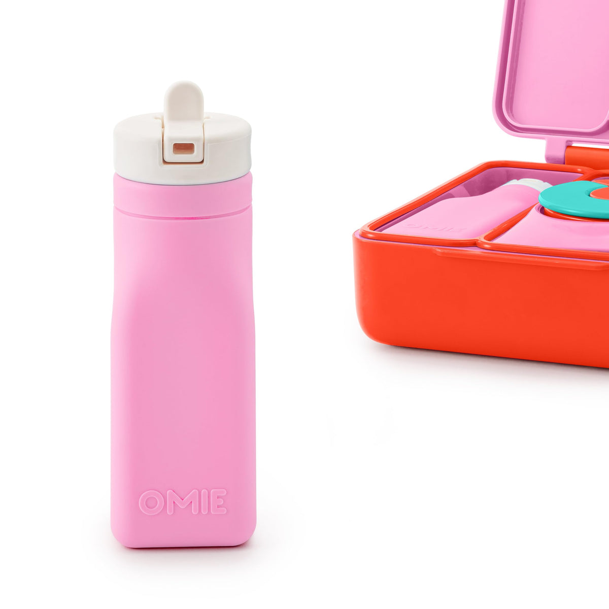 Omie silicone bottle front view showing pink bottle and spill-resistant design