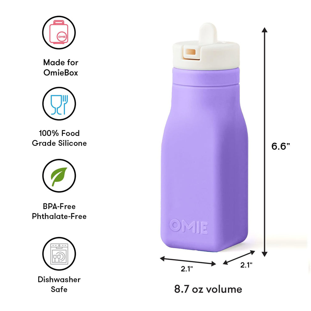 Omie bottle fitted inside OmieBox illustrating space-saving lunchbox storage