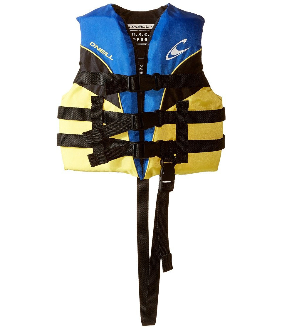 O'NEILL front view of child Superlite vest showing secure buckles and improved fit