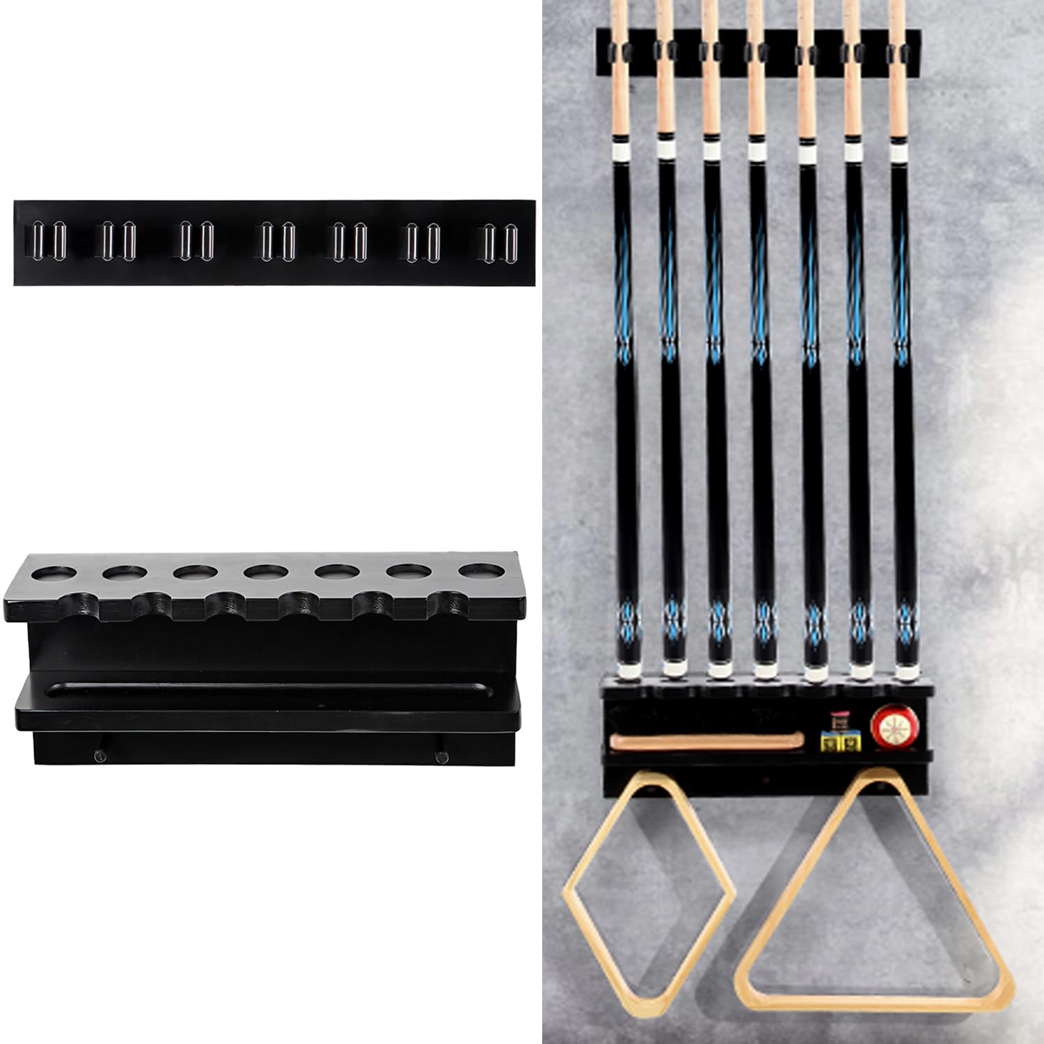 Onemacc front view of solid wood cue rack showing organized storage benefit