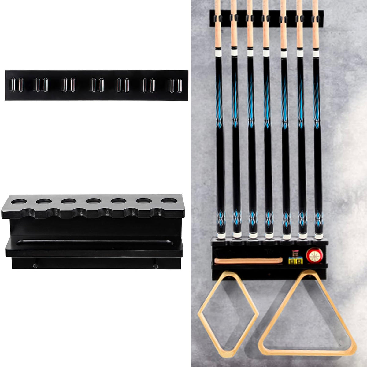 Onemacc front view of solid wood cue rack showing organized storage benefit