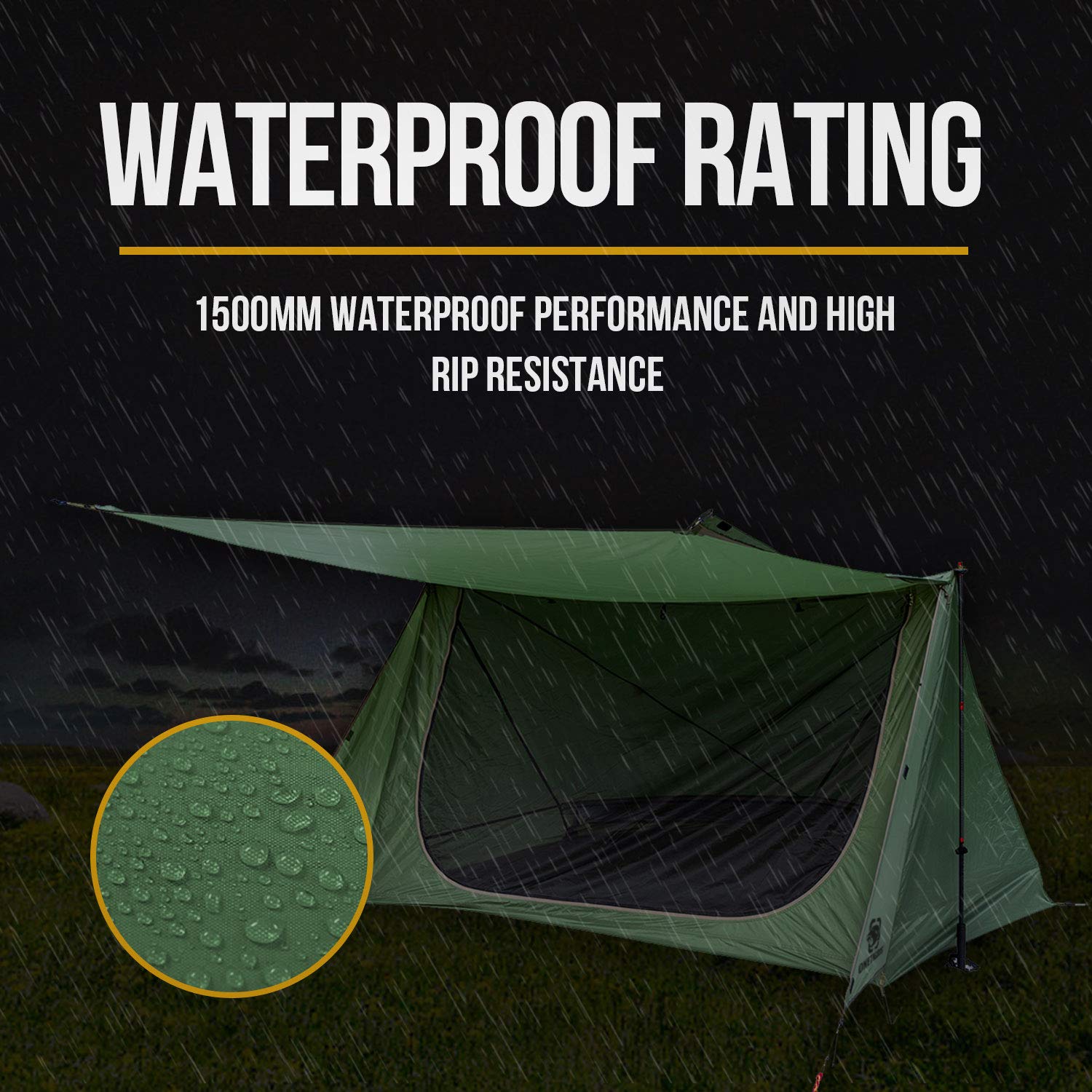 OneTigris closed A-frame in rain illustrating weather resistance and secure shelter