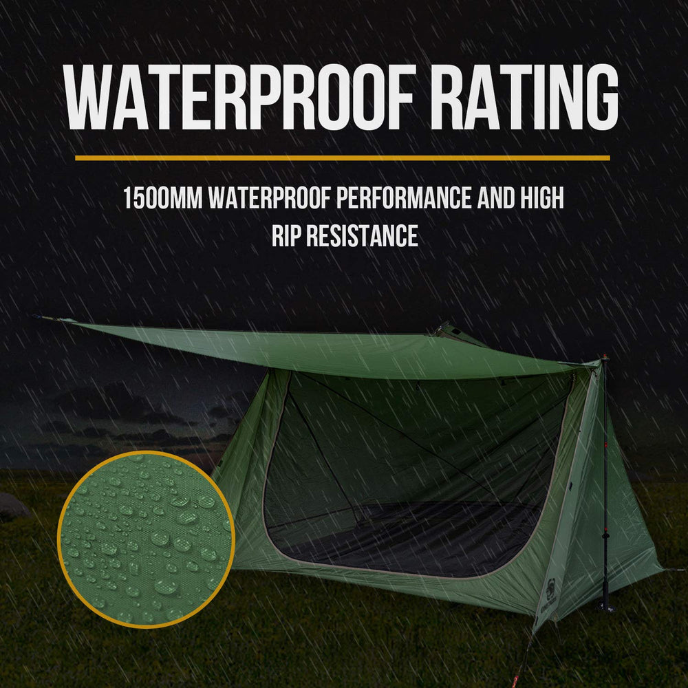 OneTigris closed A-frame in rain illustrating weather resistance and secure shelter