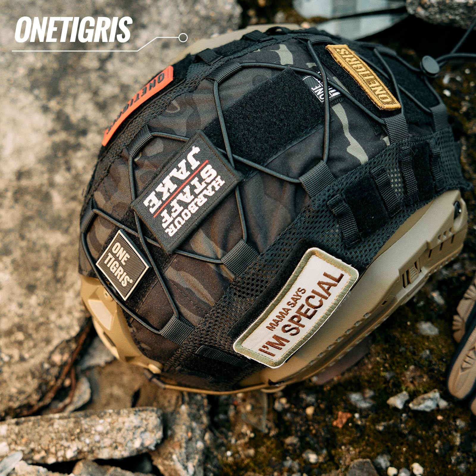 OneTigris helmet cover hook-and-loop panel detail for patches and quick ID