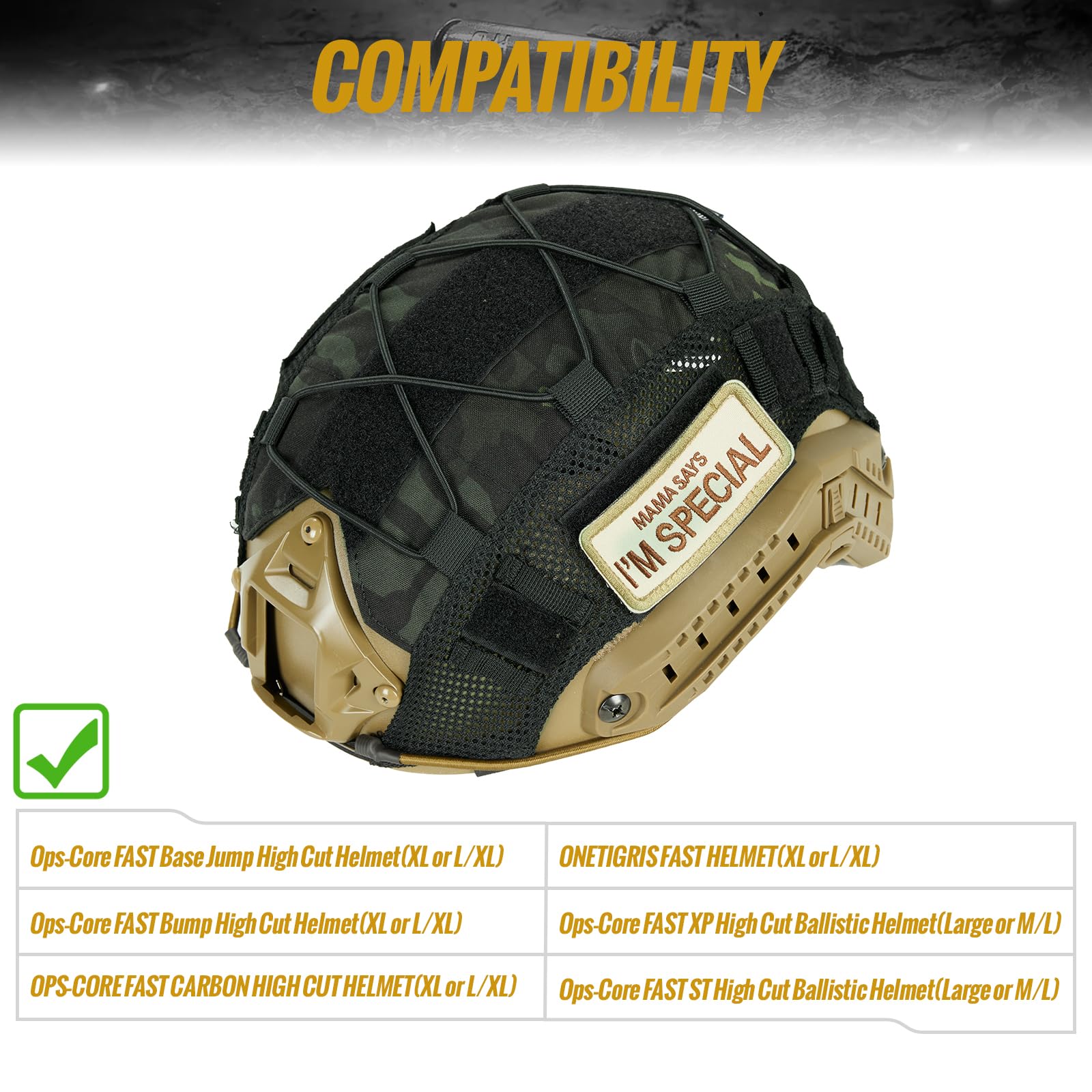 OneTigris helmet cover side profile highlighting rail clearance and compatibility
