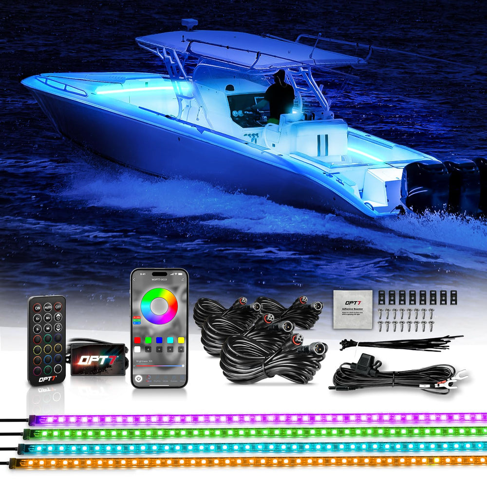OPT7 Aura front view of complete LED boat light kit showing components and benefits