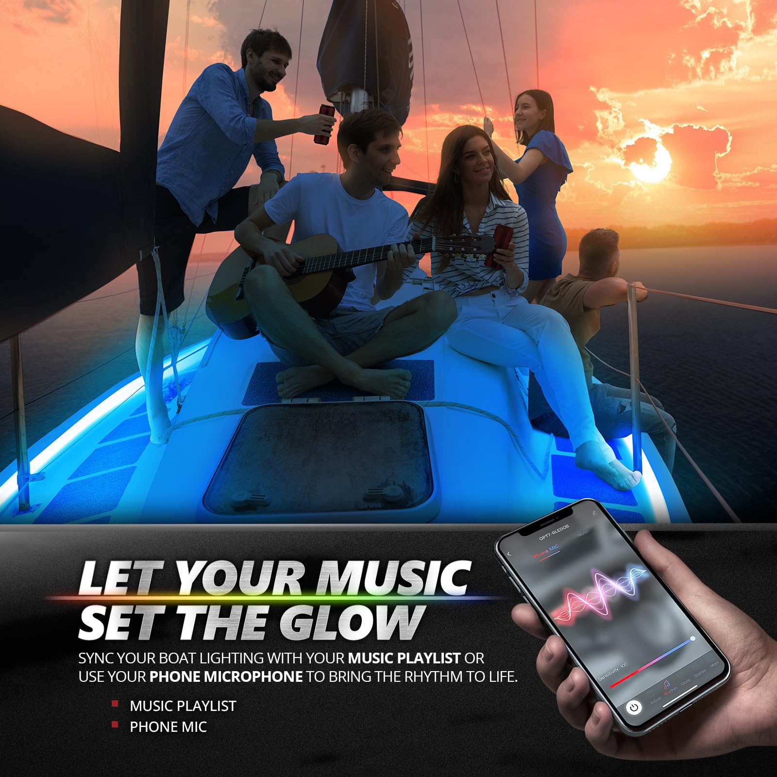 OPT7 Aura music-sync lighting on dock showing dynamic party atmosphere benefit