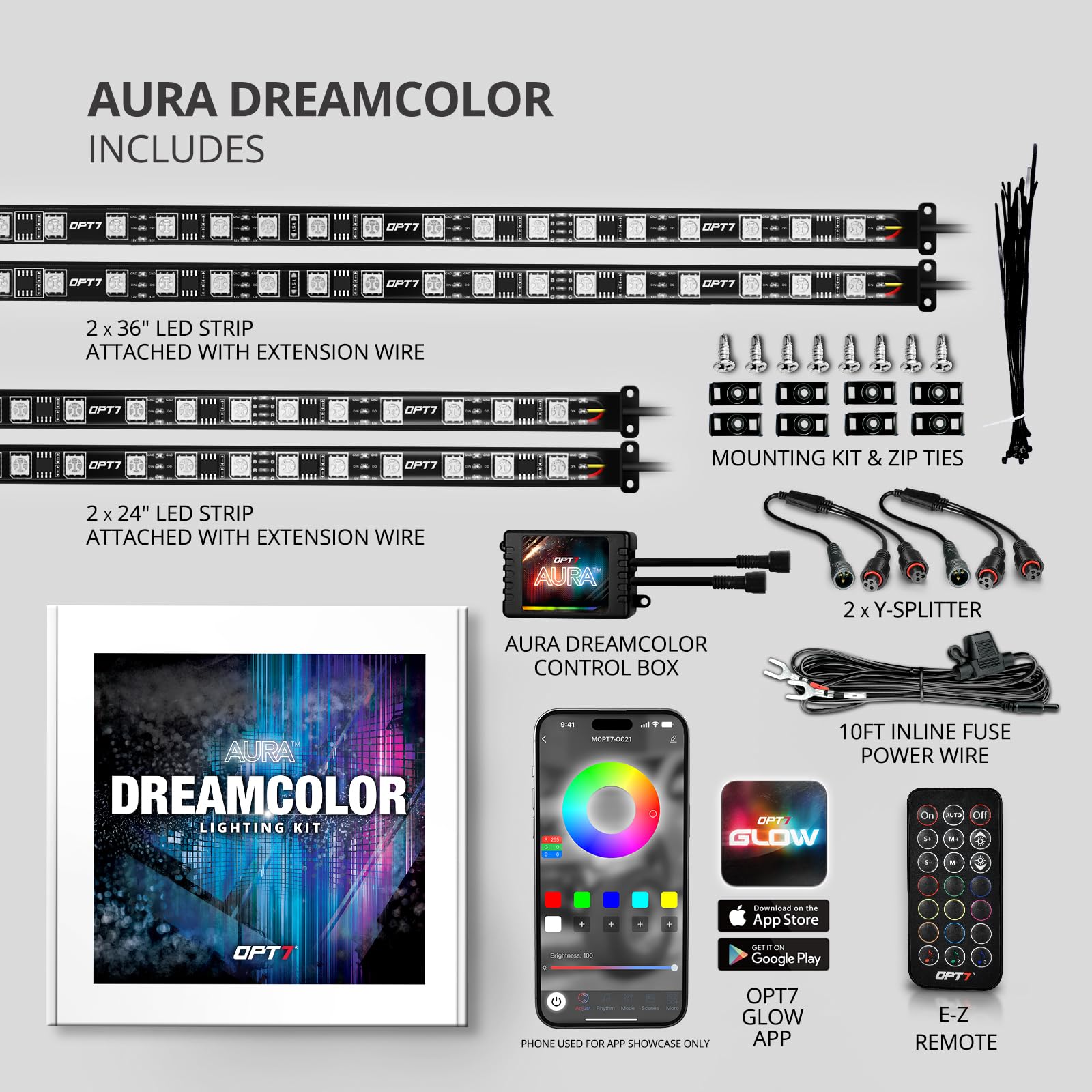 OPT7 Aura strip beside ruler showing scale and length options