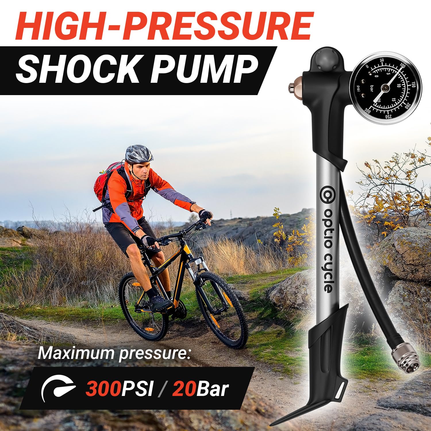 Optio Cycle closeup of dual PSI and Bar gauge for precise pressure readings