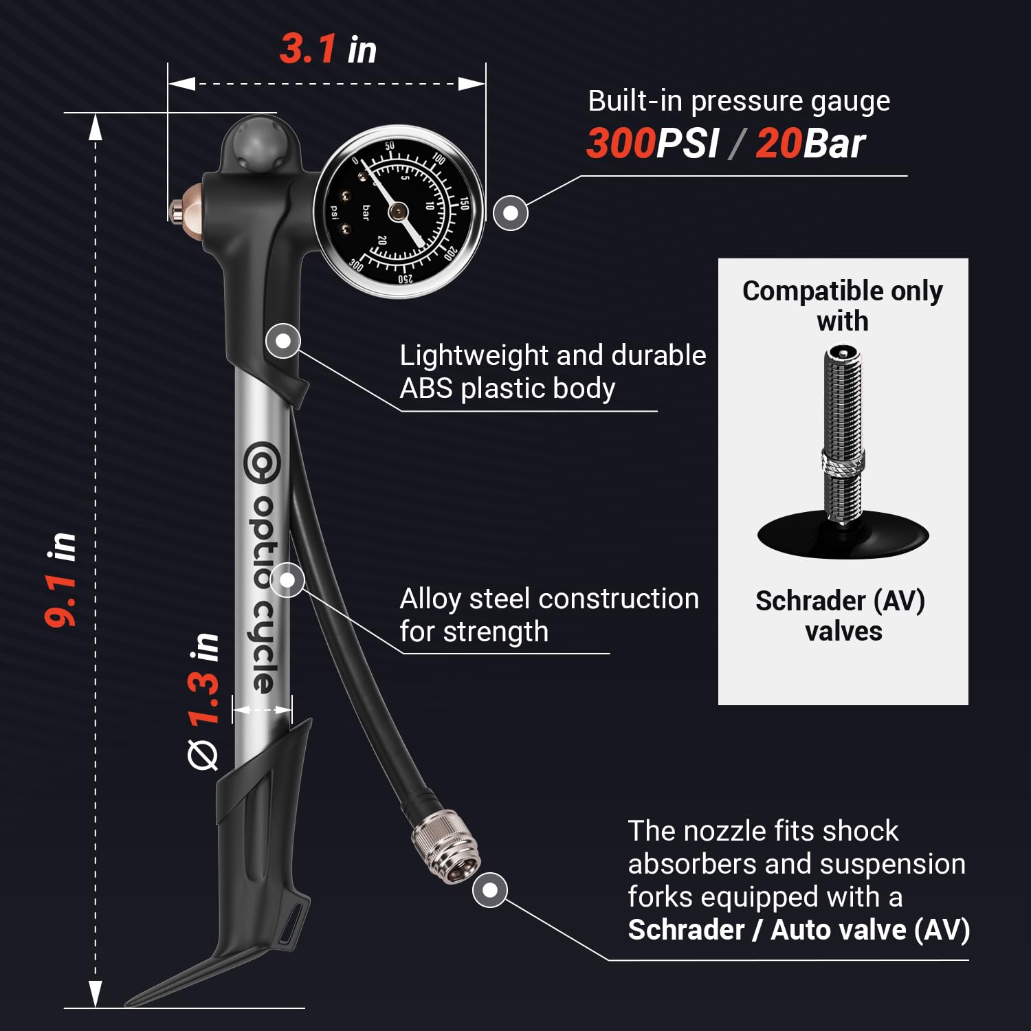 Optio Cycle pump attached to a mountain bike fork demonstrating use