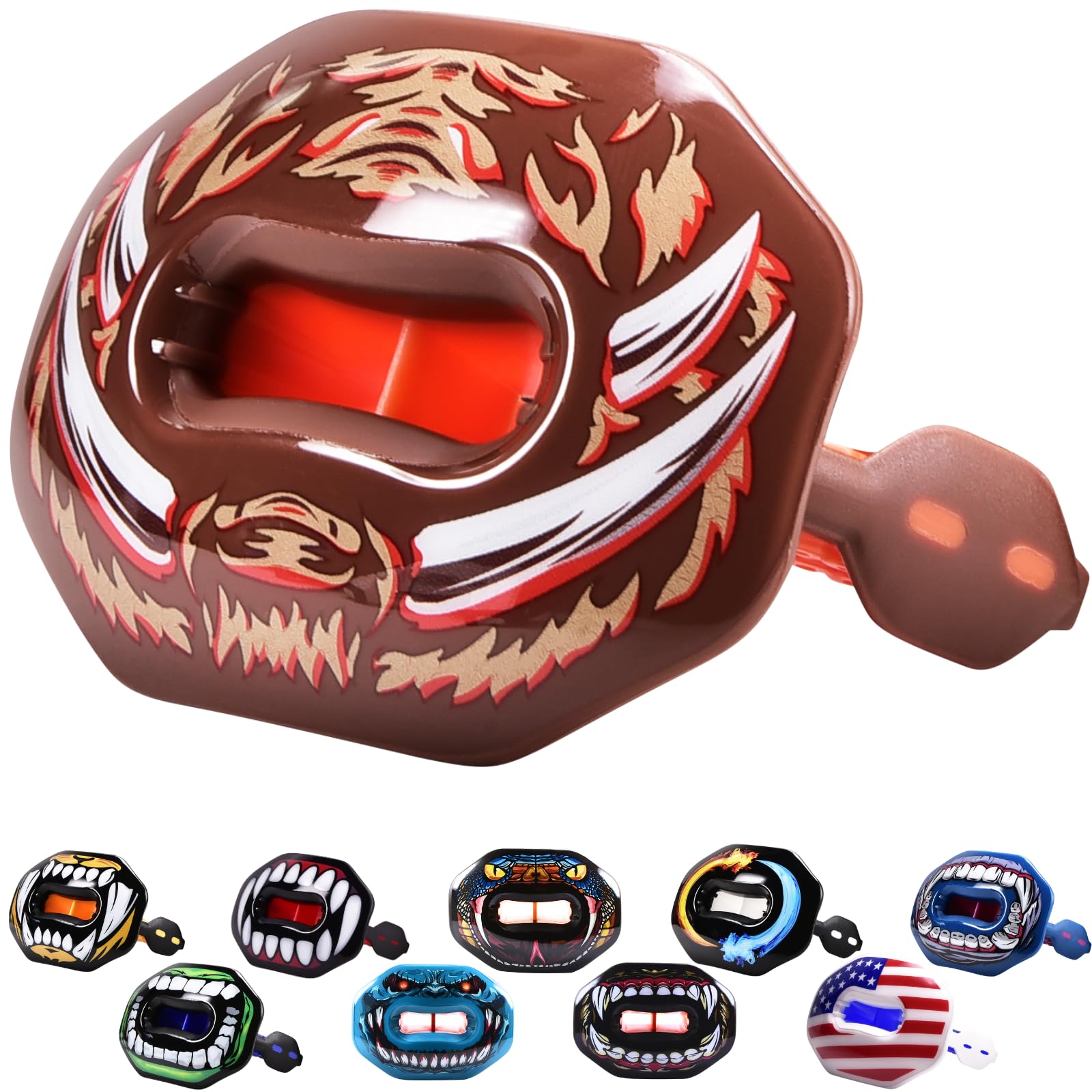 Oral Mart Charging Boar front view showing lip guard and bold graphics for visual appeal