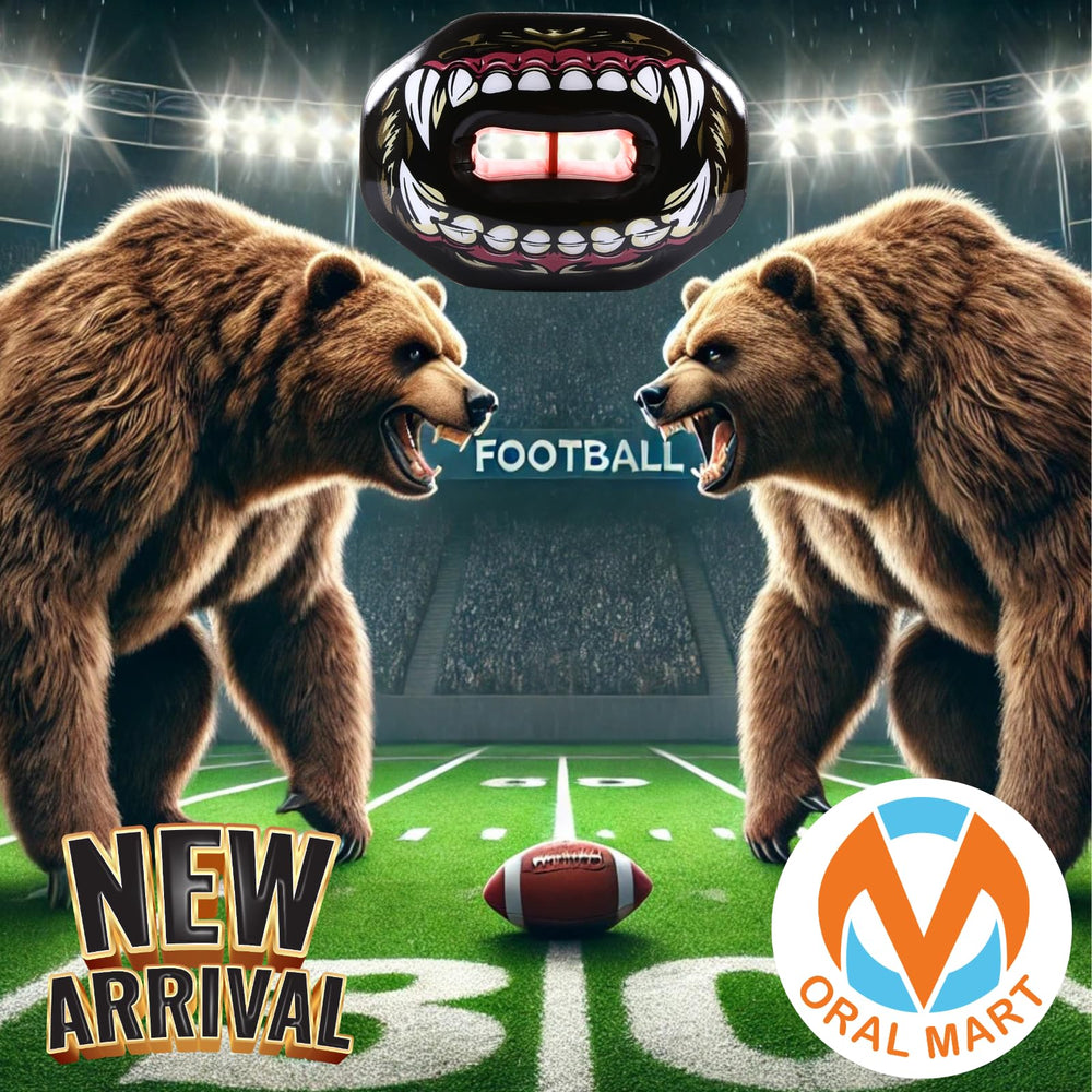 Oral Mart Fierce Bear detachable helmet strap attached for secure use
