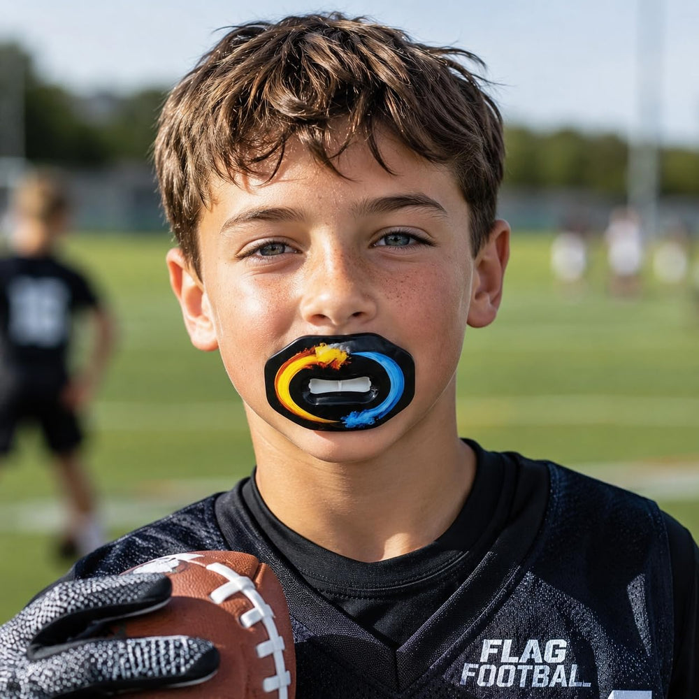 Oral Mart Ice & Fire worn on football field showing performance confidence benefit