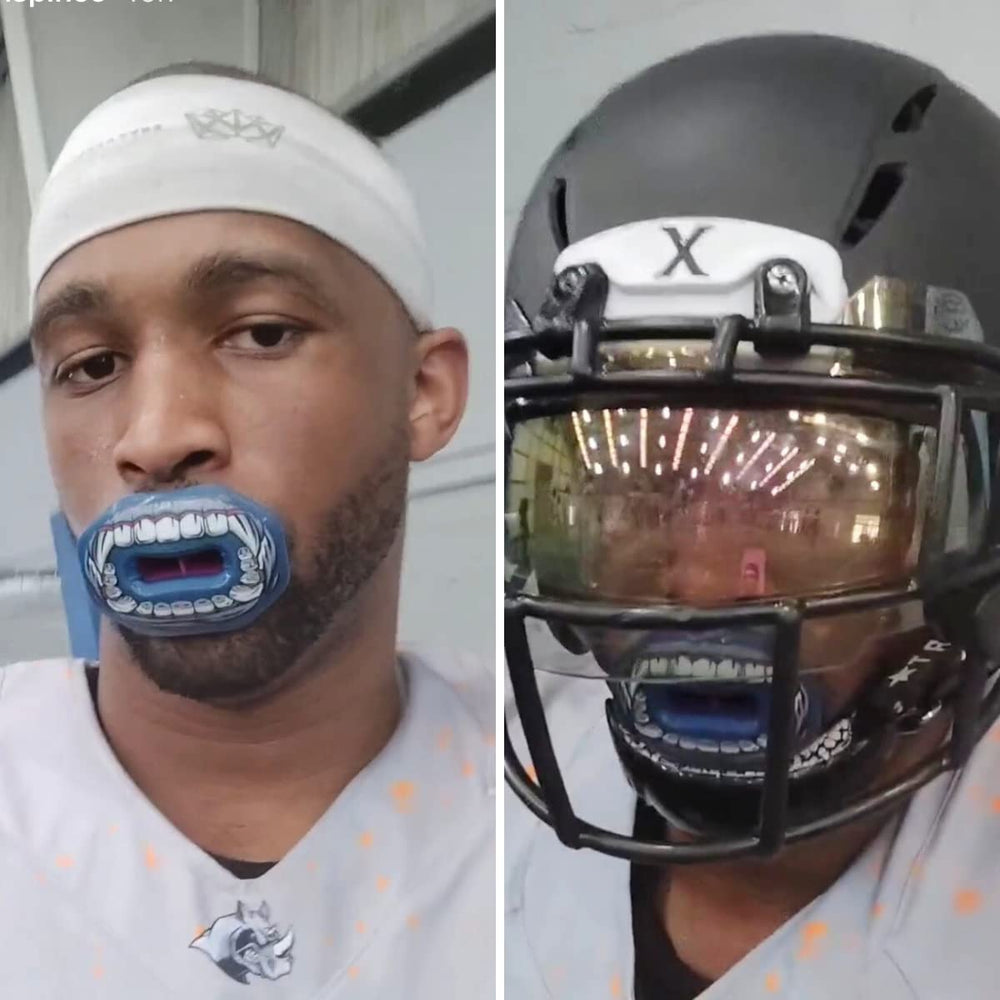 Oral Mart King Kong guard paired with a football helmet to show in-helmet fit benefit