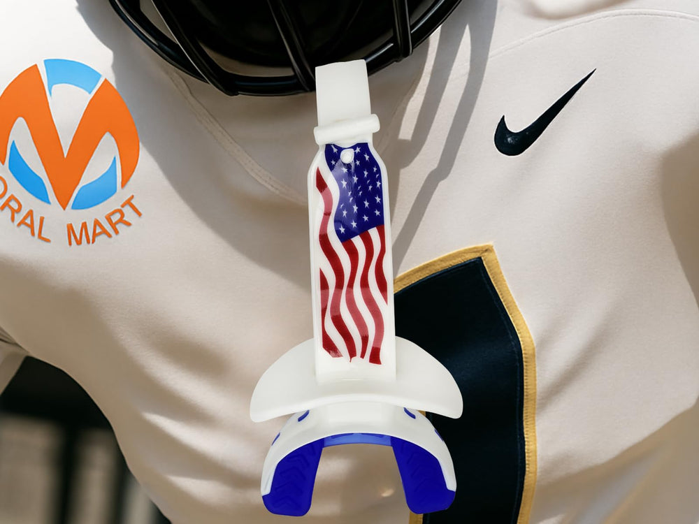 Oral Mart youth player wearing mouthguard on field demonstrating ready-to-wear protection