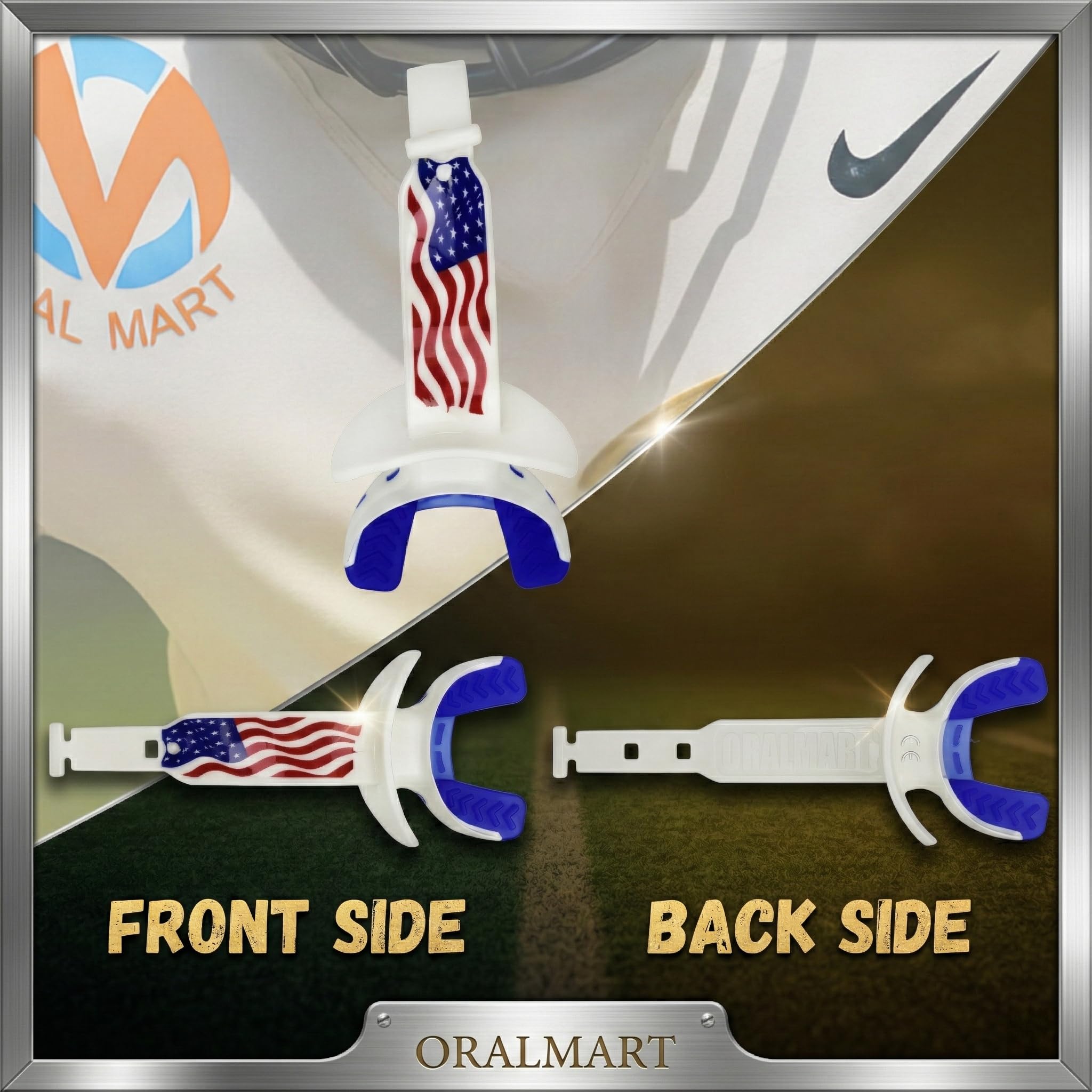 Oral Mart mouthguard next to a hand for scale showing compact size and portability