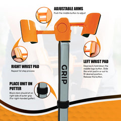 Orange Whip Putt Master in use on a putting green teaching proper pendulum stroke and tempo