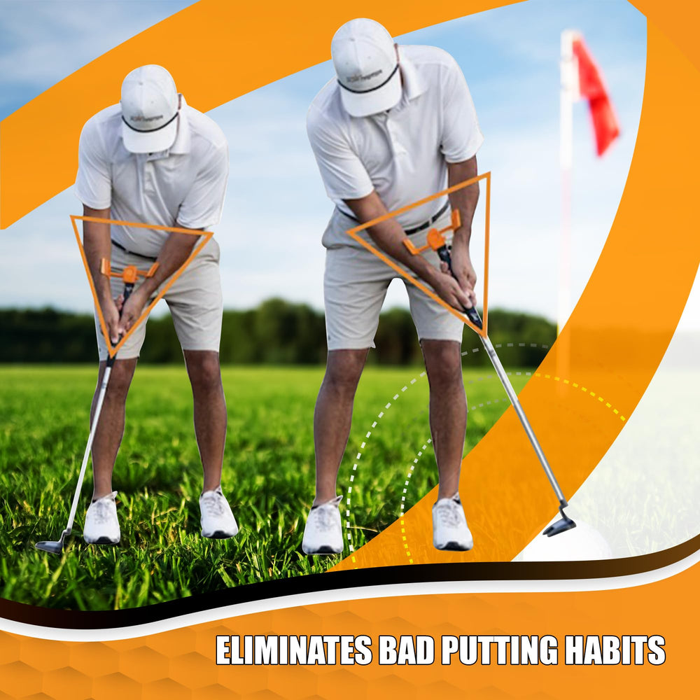 Orange Whip Putt Master inside a golf bag illustrating easy transport and on-course warm-up benefit