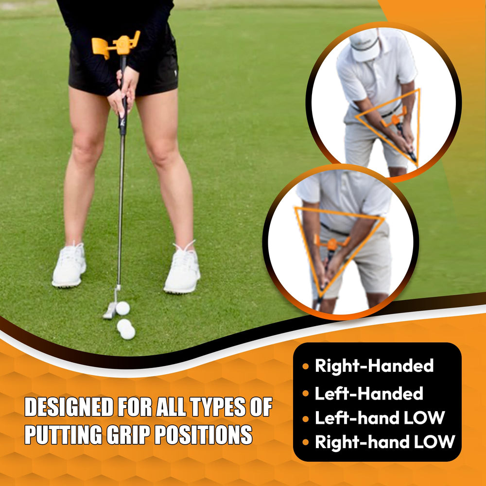 Orange Whip Putt Master beside a putter for scale showing compact size and portability benefit