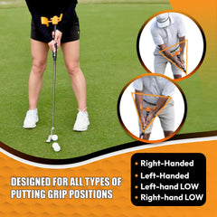 Orange Whip Putt Master beside a putter for scale showing compact size and portability benefit