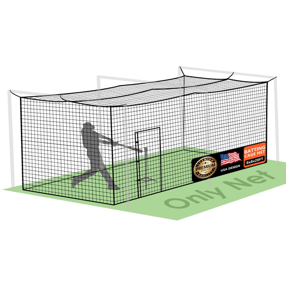 ORIENGEAR front view of 8x8x20 batting cage net showing containment benefit