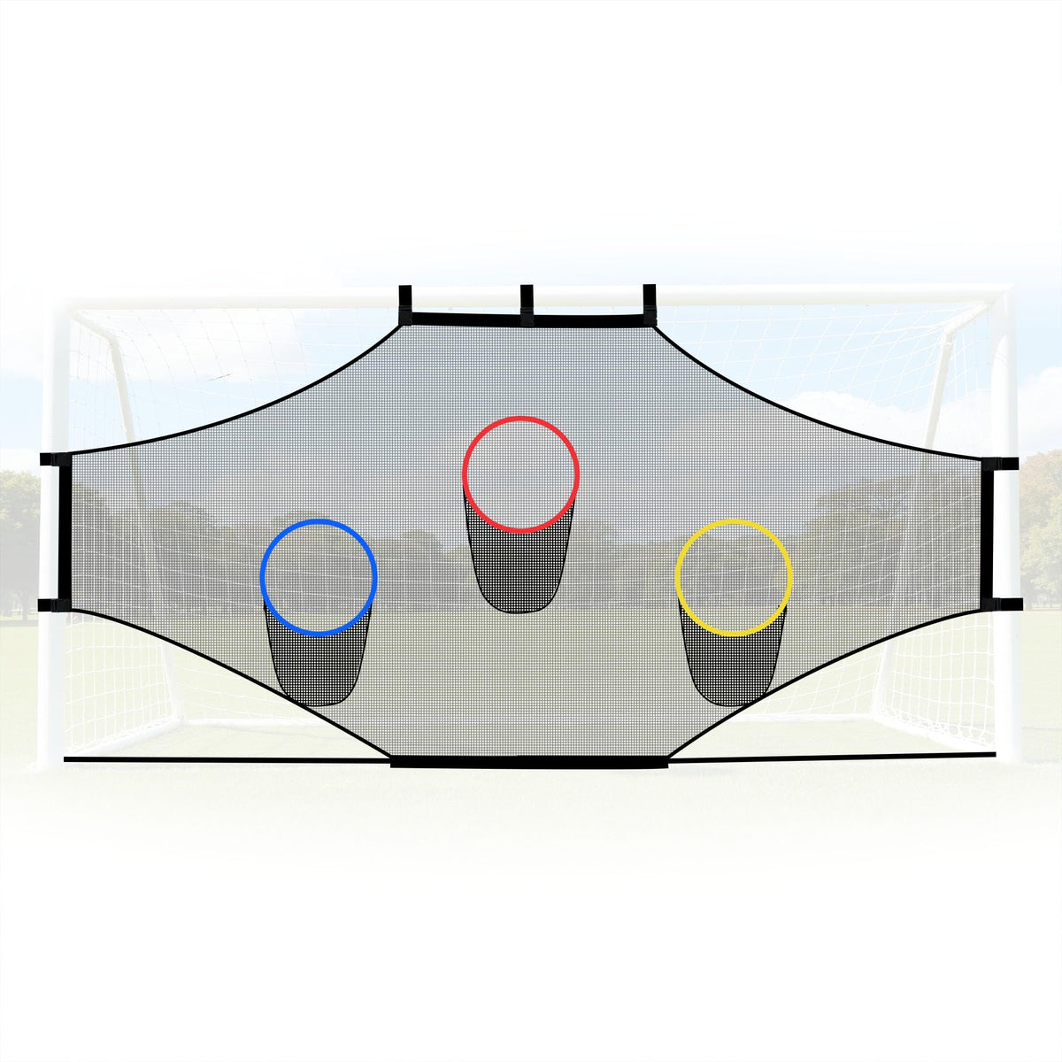 ORIENGEAR front view attached to a 12x6 ft goal showing target rings and zones improving aim