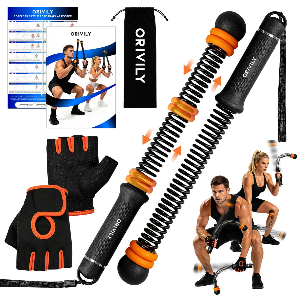 ORIVILY ropeless battle ropes front view showing compact portable trainer
