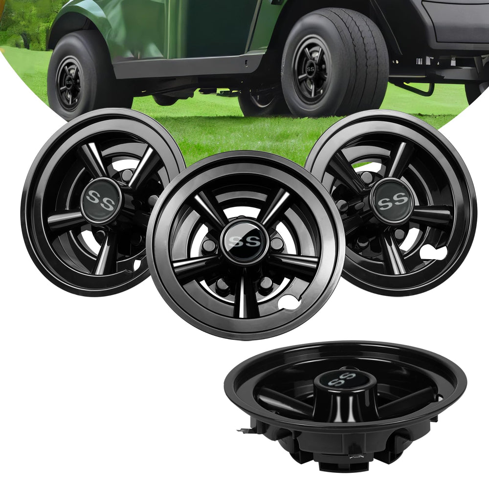 Orle Oko front view of four black 8-inch hub caps showing clean finish and styling benefit