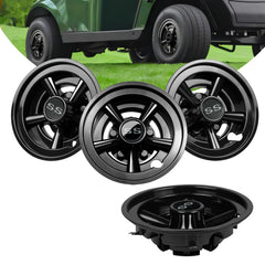 Orle Oko front view of four black 8-inch hub caps showing clean finish and styling benefit
