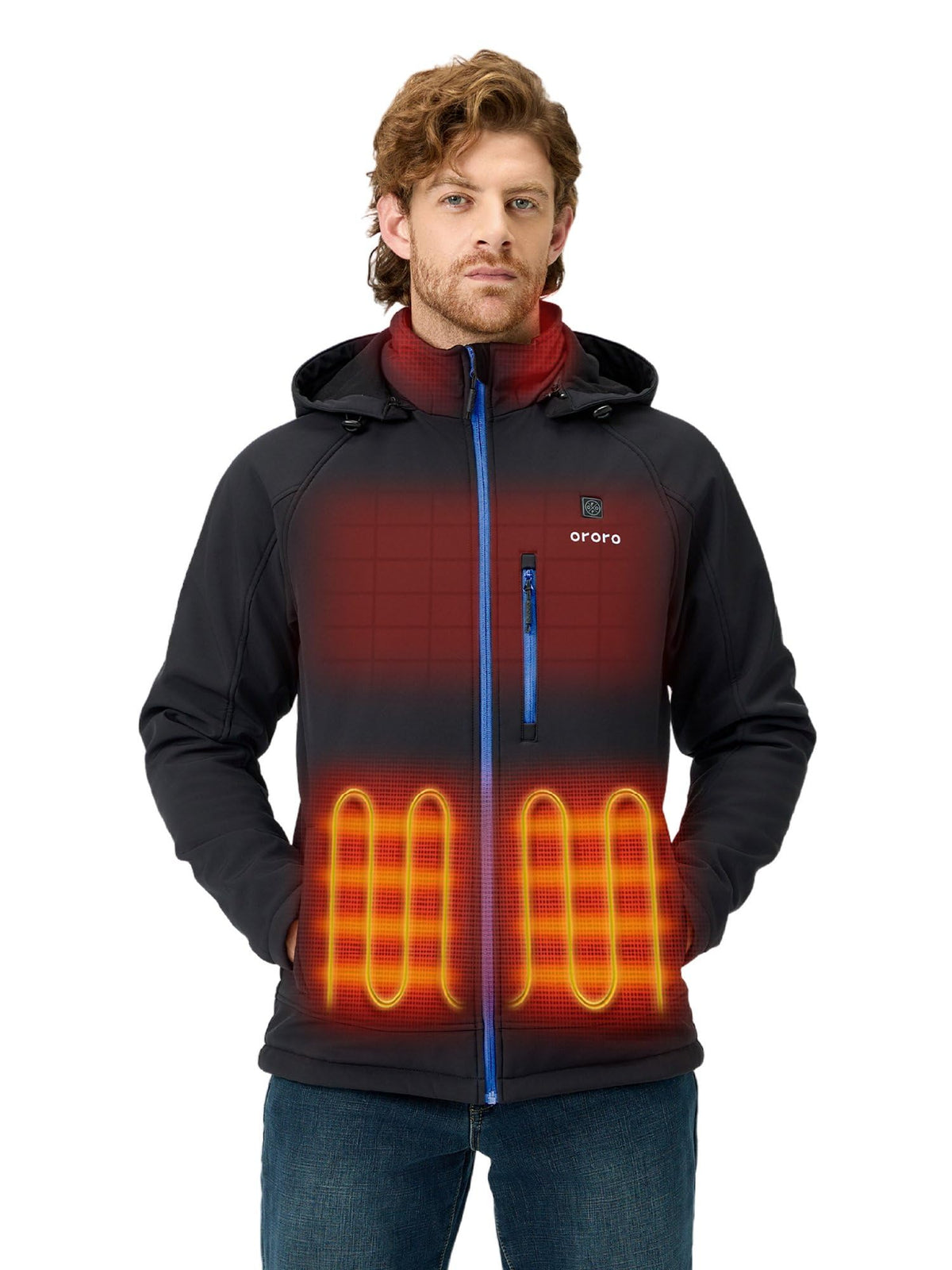 ORORO jacket front view showing clean softshell styling and functional warmth