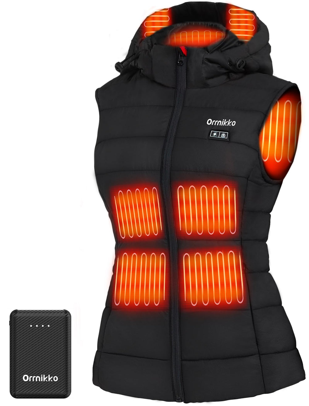 ORRNIKKO front view of heated vest showing streamlined fit and warmth benefit