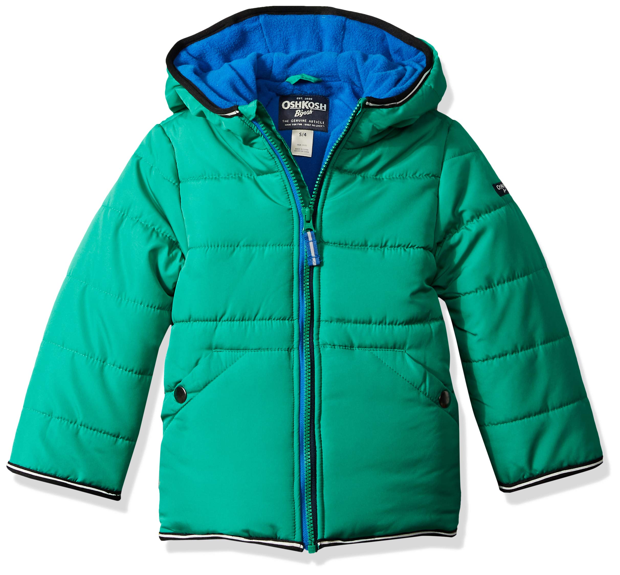 OSHKOSH B'GOSH front view of Jade Glow jacket showing hood and pockets for warmth