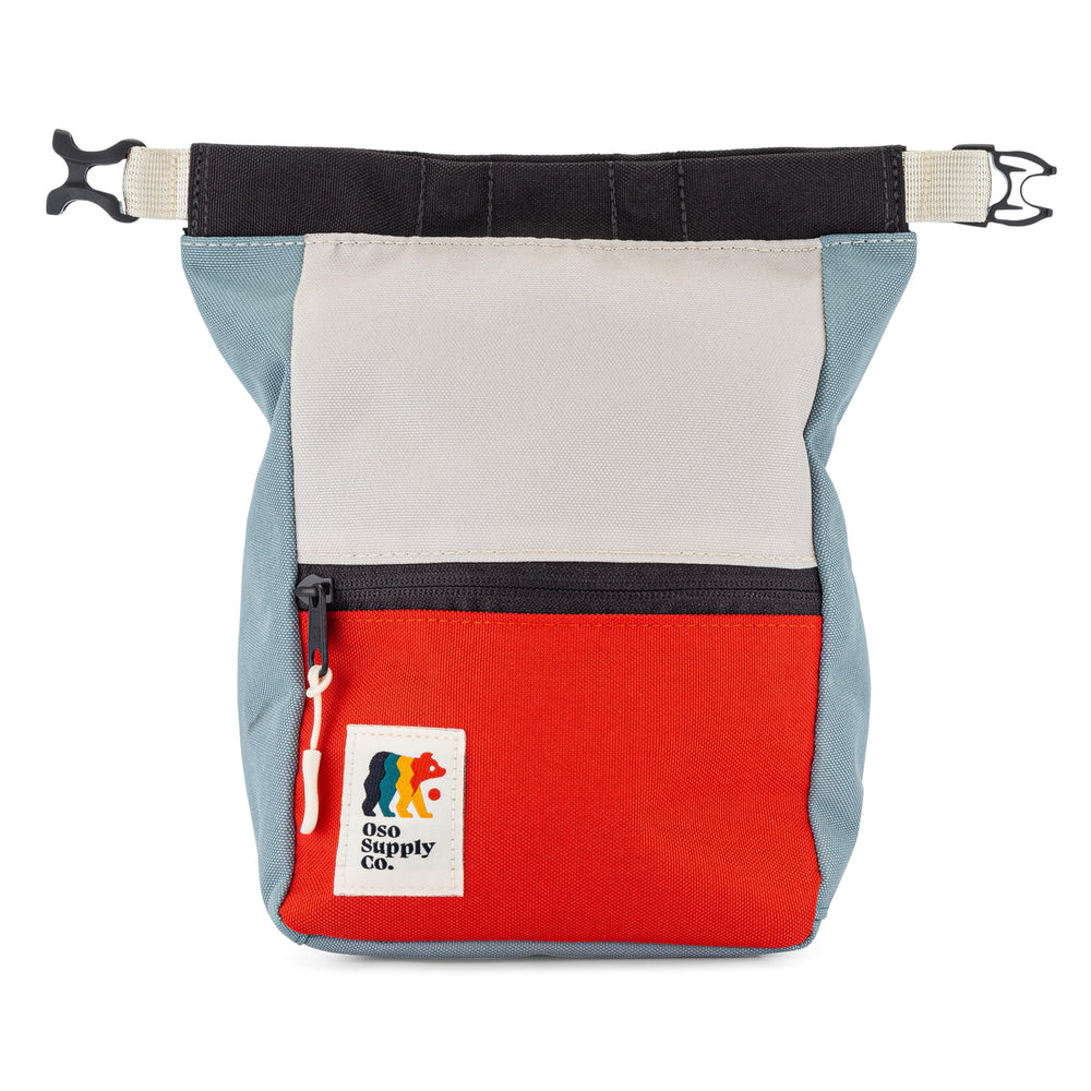 Oso Supply Co front view chalk bucket showing bold blue red white design and stable base for easy access