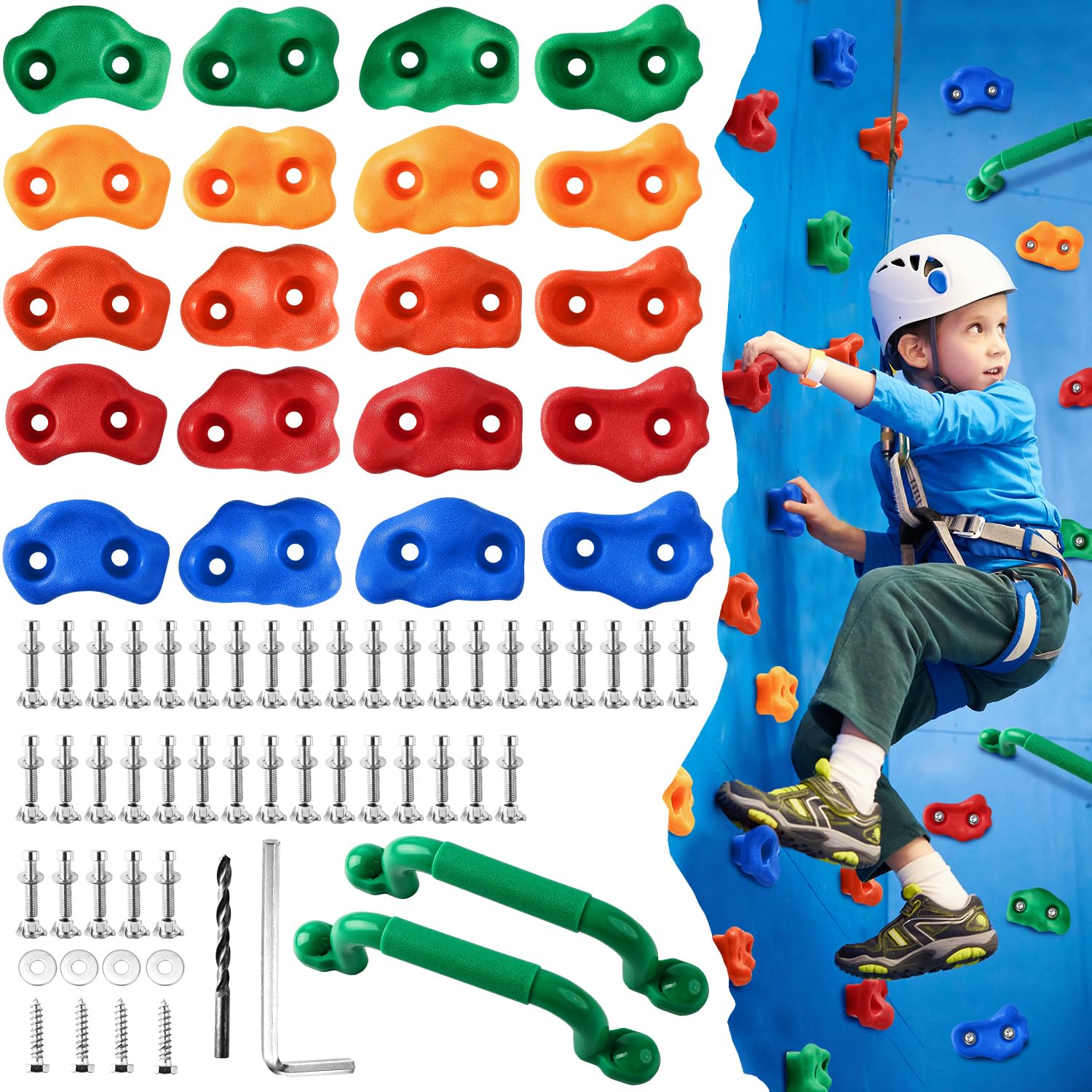 OSPNIEEK front view of 20-piece hold set showing colorful pieces and included hardware for easy setup