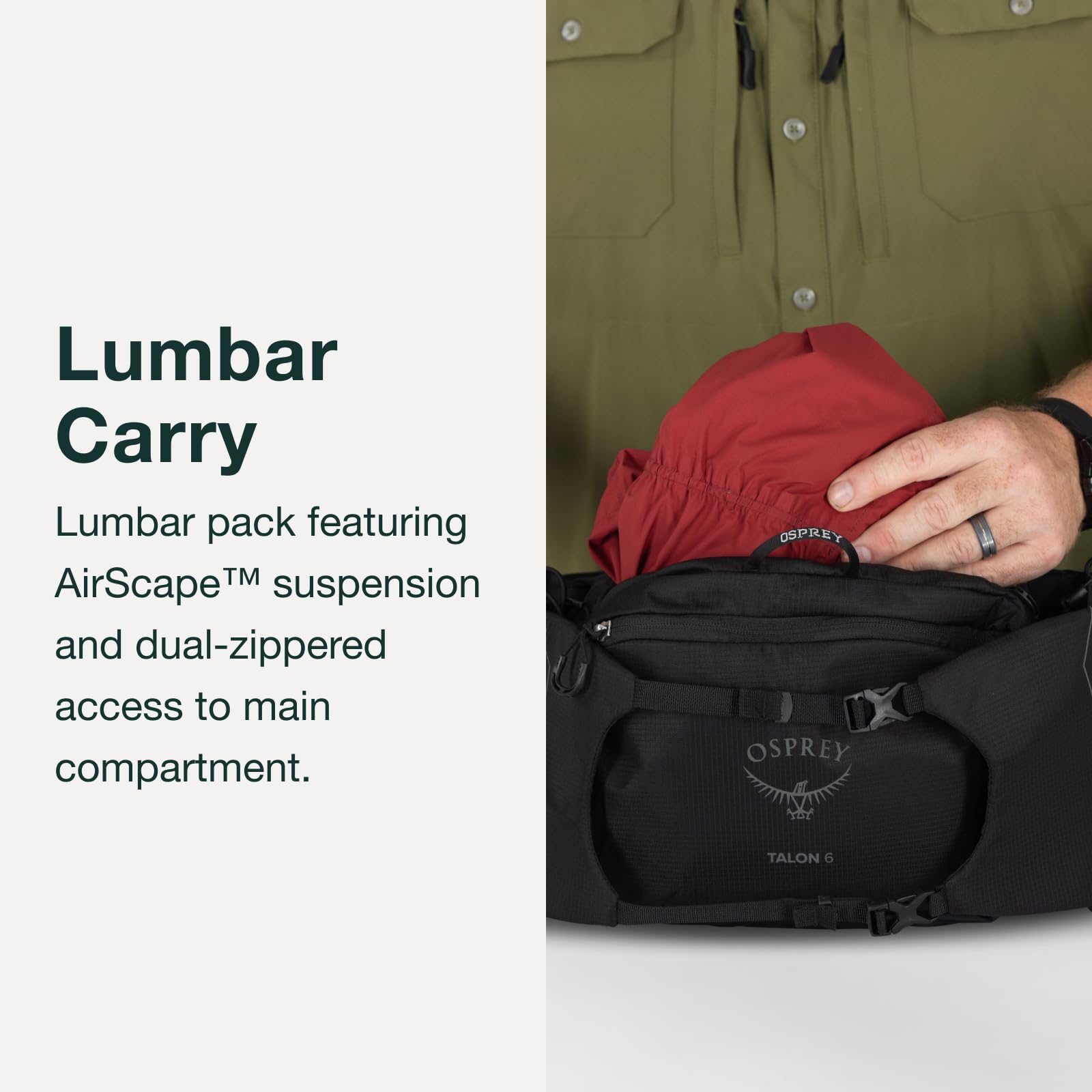 Osprey Talon 6L hipbelt pocket close-up holding phone and snacks