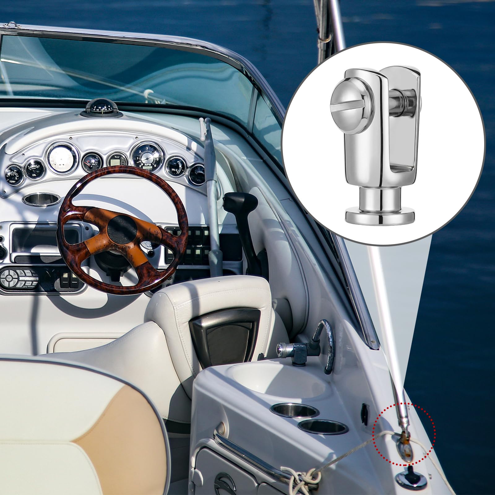 Otoolling pins mounted on docked boat canopy illustrating corrosion resistance benefit