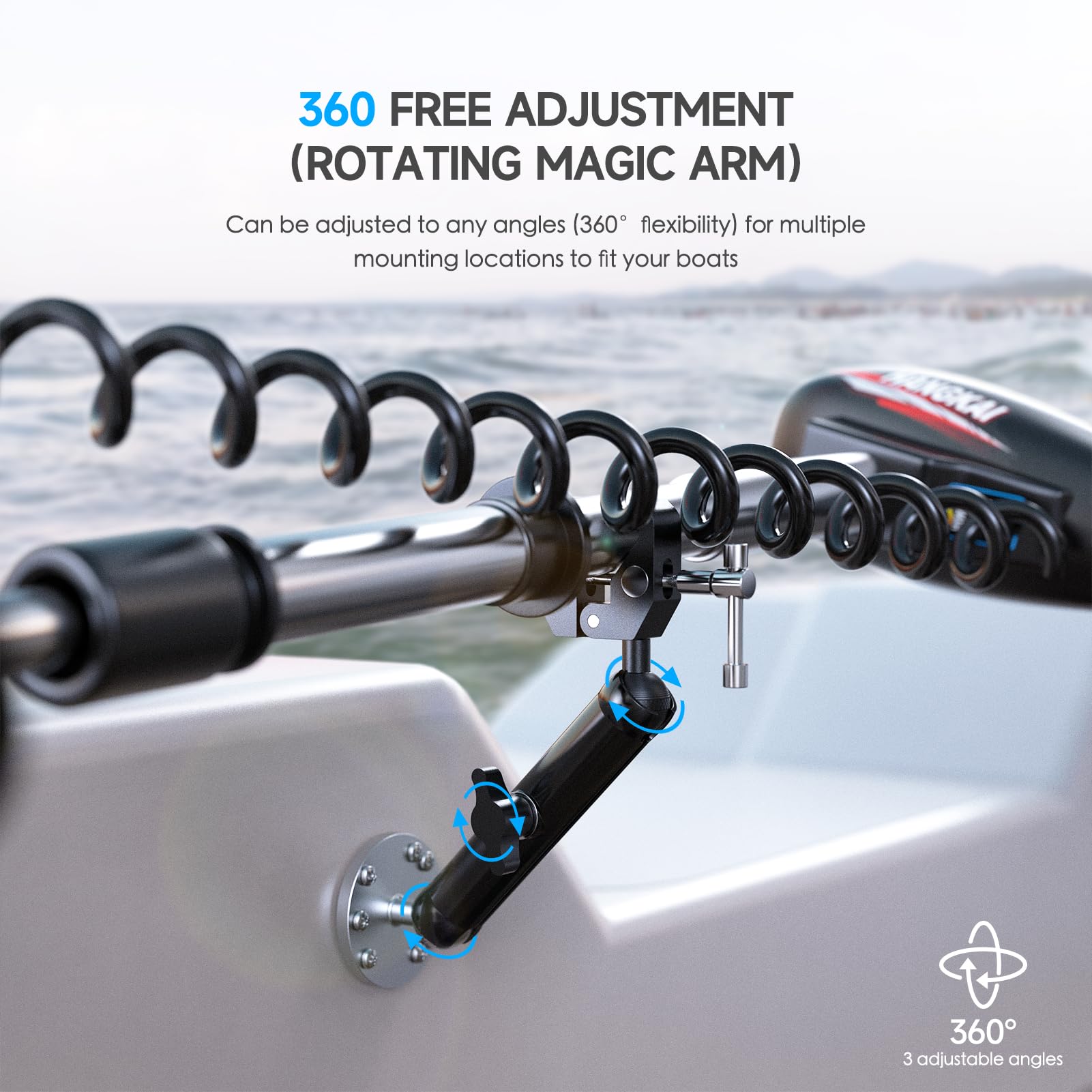 OTW clamp attached to boat rail demonstrating secure fit on 0.6"–2" rails for stability