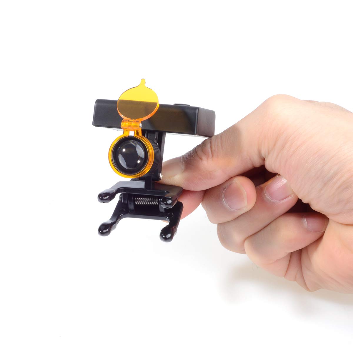 OUBO side profile mounted on loupes showing stable hands-free illumination