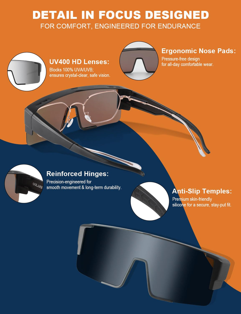 OULAIQI sunglasses beside ruler demonstrating compact size