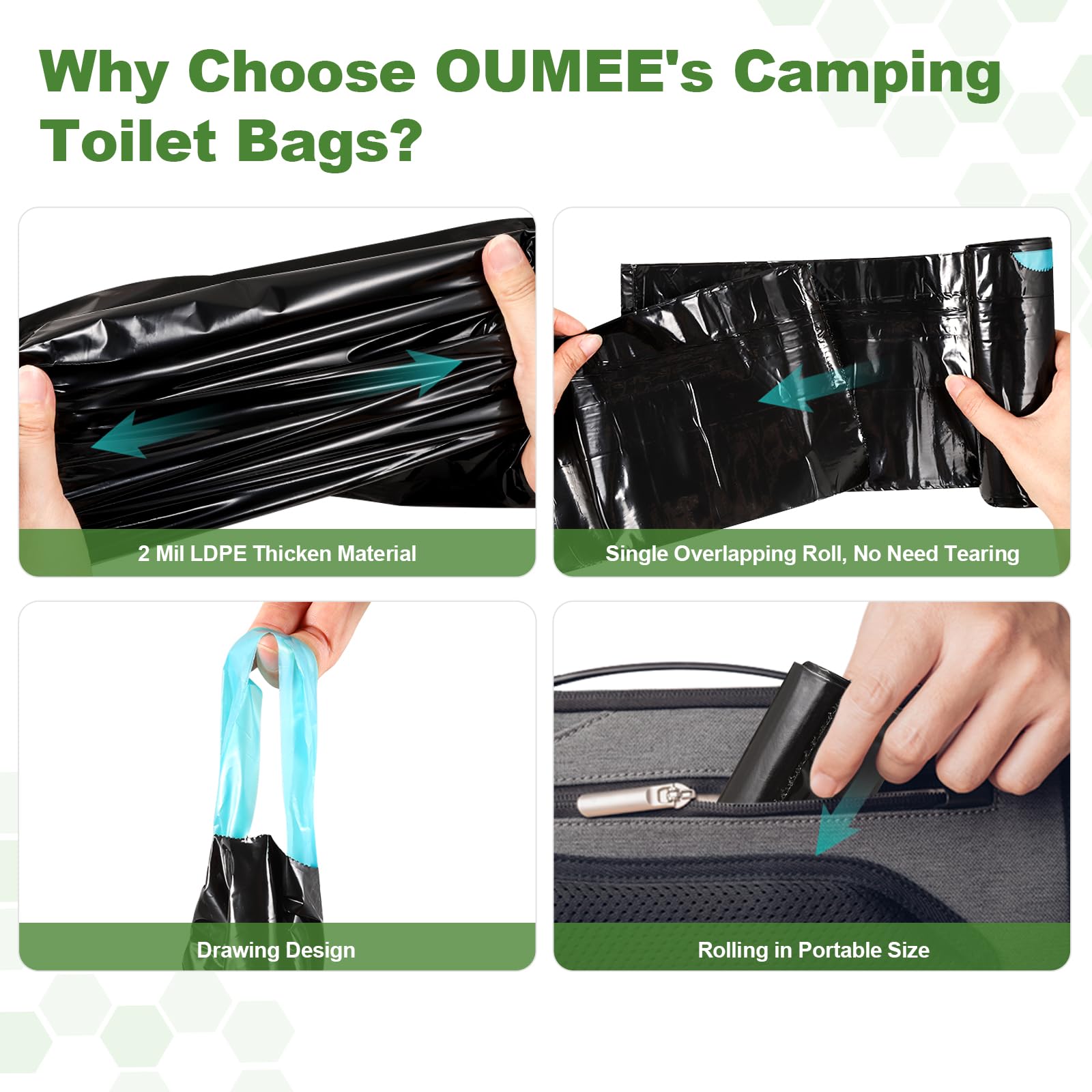 OUMEE bag fitted inside a portable toilet illustrating universal compatibility
