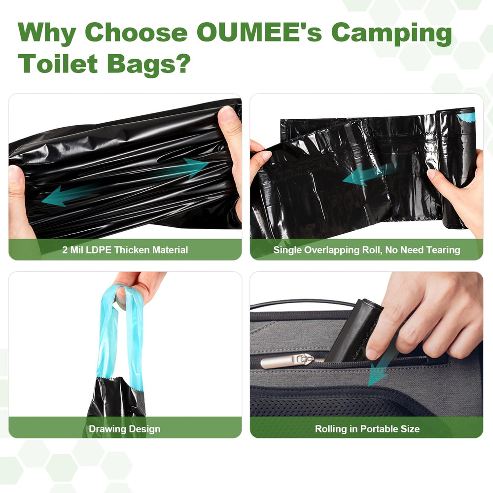 OUMEE bag fitted inside a portable toilet illustrating universal compatibility