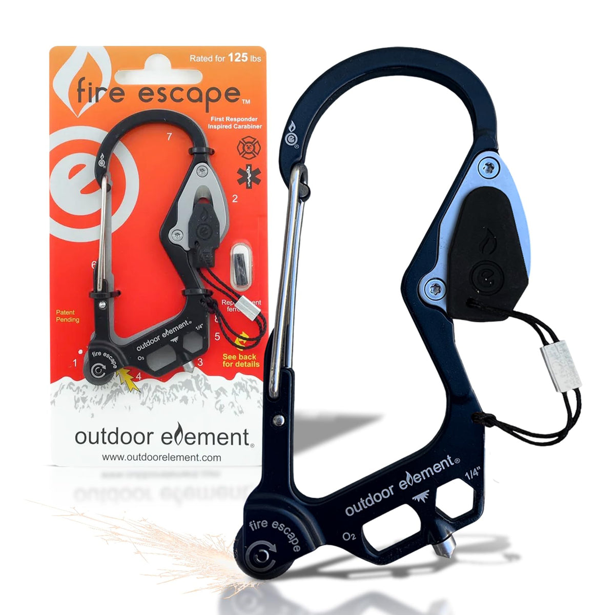 OUTDOOR ELEMENT front view showing carabiner design and compact utility, quick access