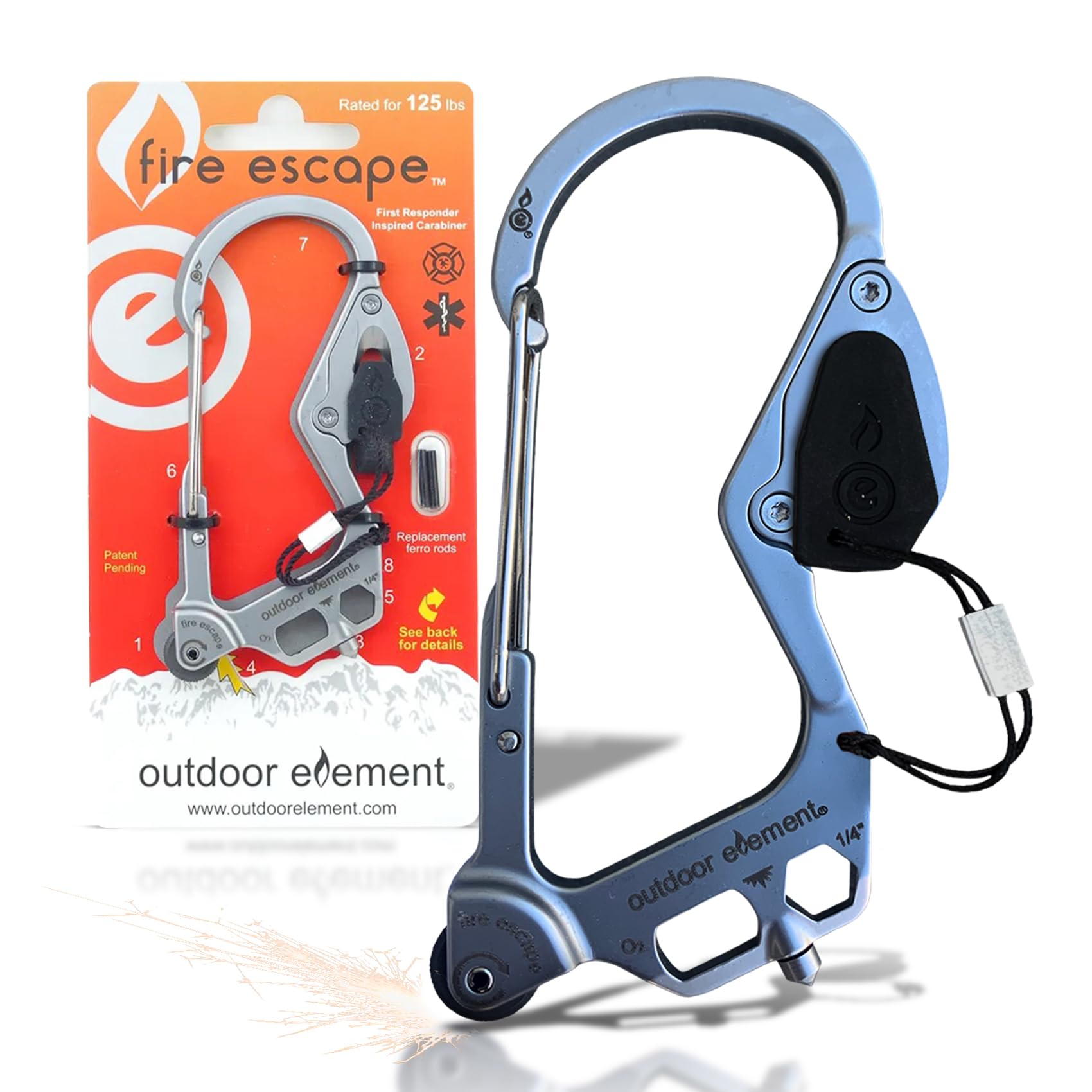OUTDOOR ELEMENT front view showing full 7-in-1 multitool and carabiner benefit quick access
