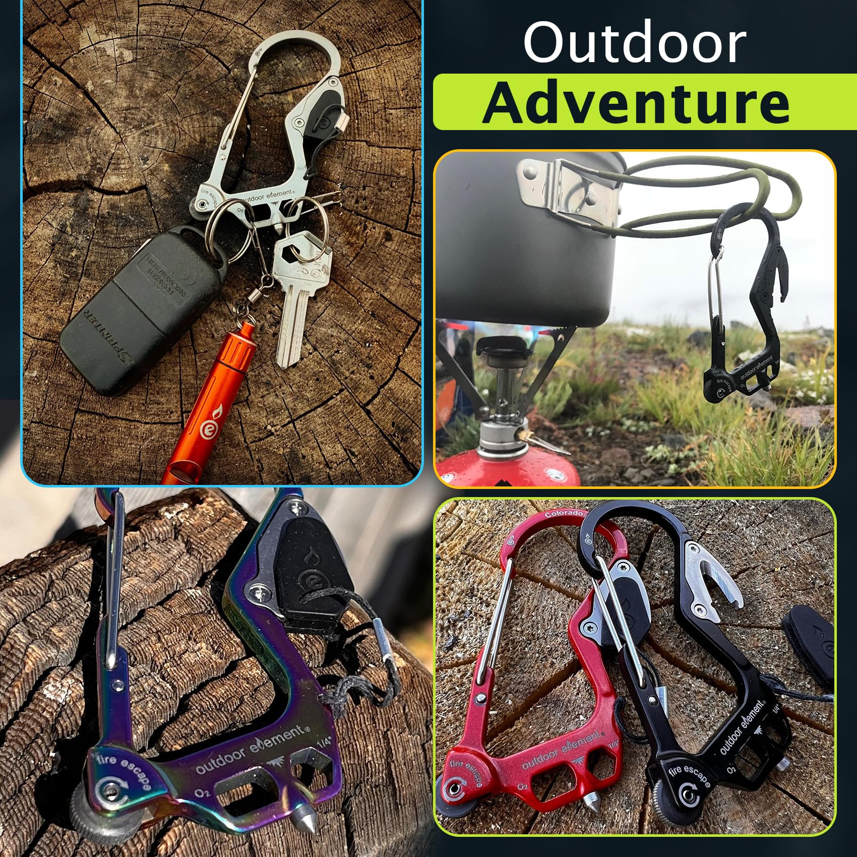 OUTDOOR ELEMENT clipped to backpack carabiner for everyday accessibility